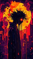 Wall Mural - Abstract Silhouette of a Figure with a Red Eye Under a Yellow Moon in a Dark Urban Landscape