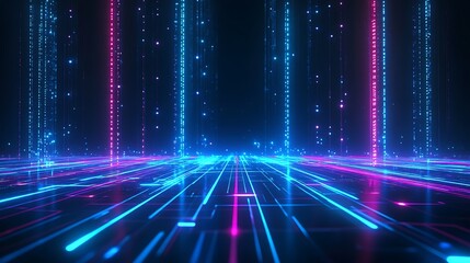 Poster - futuristic digital landscape with glowing blue and pink lines and particles on a dark background.