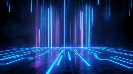 Poster - futuristic digital landscape with glowing blue and purple lines, creating a vibrant and immersive cy