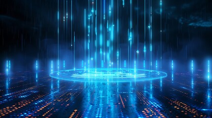 Poster - Futuristic digital landscape with glowing blue beams and reflections, creating a dynamic visual effect.