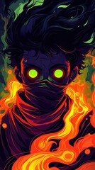 Wall Mural - Mysterious Figure with Glowing Eyes in Flames