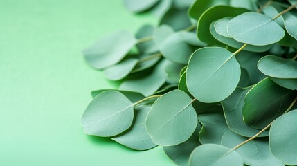 Poster - Fresh eucalyptus leaves arranged on a soft green surface with natural lighting highlighting their texture and color nuances