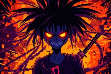 Canvas Print - Anime Character with Spiky Hair and Sword in Fire Background