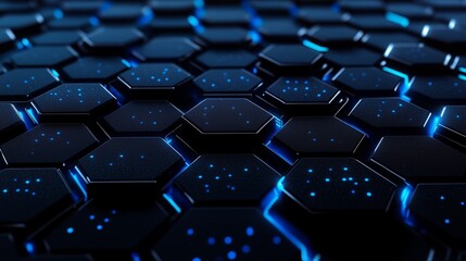 Wall Mural - Abstract hexagonal pattern glowing in blue light against a dark background, creating a futuristic digital atmosphere