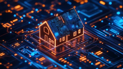 Poster - Illuminated House Icon on a Circuit Board Representing Smart Home Technology