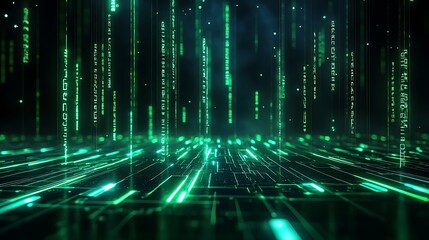 Poster - futuristic digital landscape with glowing green code cascading against a dark backdrop.