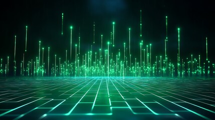 Poster - futuristic digital landscape with glowing green lights on a dark background, representing data flow 
