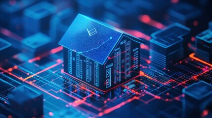 Aufkleber - A Digital House Model with Glowing Blue Lines on a Circuit Board