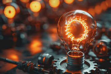 Background with light bulb and gear symbolizing innovation. Creativity and problem solving.