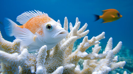 Close-up of a fish swimming through coral reef, concept of marine biodiversity and climate change