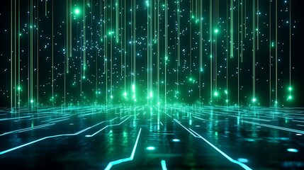 Poster - futuristic digital landscape with glowing green lines and particles on a reflective surface.