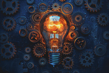 Background with light bulb and gear symbolizing innovation. Creativity and problem solving.