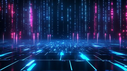 Poster - Futuristic digital landscape with glowing lines and neon light patterns on a dark background.