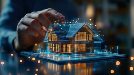 Aufkleber - Hand Interacting with a 3D Holographic House Model on a Tablet