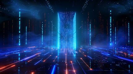 Poster - futuristic digital landscape with glowing neon lights and abstract patterns, creating a vibrant and 