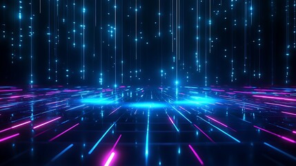 Poster - futuristic digital landscape with glowing neon lights and particles, creating an immersive virtual e