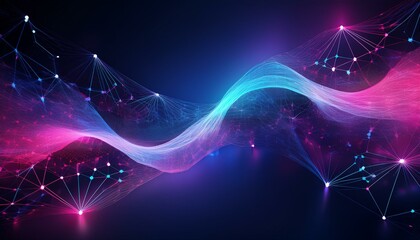 Fototapete - Cyber big data flow. Blockchain data fields. Network line connect stream. Abstract digital connection dots and lines. Technology background. Network connection structure.