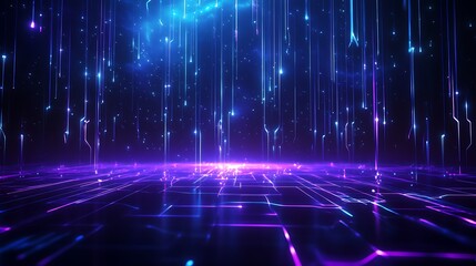 Poster - futuristic digital landscape with neon lights and glowing patterns in a vibrant color scheme.