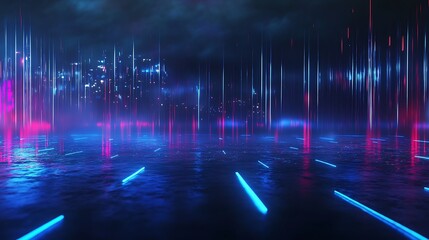 Poster - Futuristic digital landscape with neon lights and reflections, creating a vibrant and immersive atmosphere.