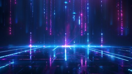 Aufkleber - Futuristic digital landscape with neon lights and reflective surfaces in vibrant blue and purple tones.