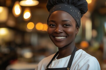 Close-up portrait of a smiling female chef in a restaurant kitchen.