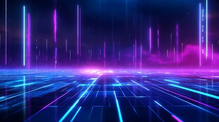 Wall Mural - Futuristic digital landscape with neon lines and glowing lights against a dark background.