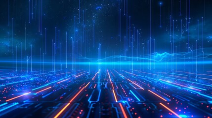Poster - futuristic digital landscape with vibrant blue and orange lines representing data streams and networ