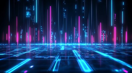 Poster - futuristic digital landscape with vibrant neon lights and abstract patterns, creating a sci-fi atmos