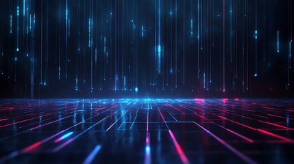 Poster - Futuristic digital landscape with vibrant neon lights and flowing data streams on a reflective surface.
