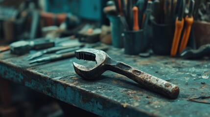 Aufkleber - Rusty Wrench on a Worn Metal Table