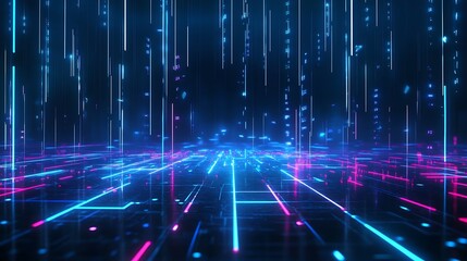 Poster - Futuristic digital landscape with vibrant neon lines and glowing particles, creating a sci-fi effect.