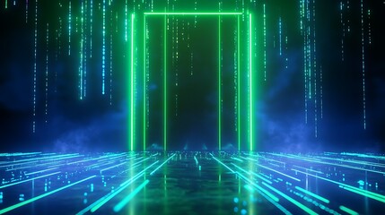 Poster - futuristic digital portal with glowing green light beams and matrix-style rain on a dark background.