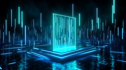 Poster - futuristic glowing portal with neon lights in a dark environment, creating a digital landscape.