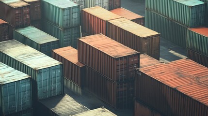 A row of containers are stacked in a warehouse