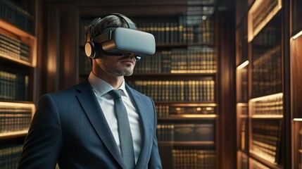 Poster - Man in a Suit Wearing a VR Headset in a Library