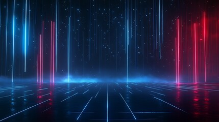 Poster - Futuristic neon landscape with vibrant blue and red lights illuminating a reflective surface.