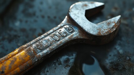 Poster - A Close-Up View of a Rusted Wrench with a Yellow Handle