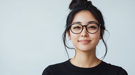 Wall Mural - Portrait of a young woman with glasses and a bun smiling at the camera.