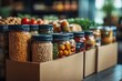 © Hyka - Organic Goods in Jars on a Market Stand with Fresh Produce in Background