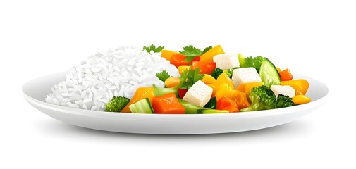 A vibrant vegetable stir-fry with tofu, served with a side of steamed jasmine rice