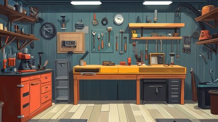 Aufkleber - A well-organized workshop with a workbench and shelves full of tools and equipment