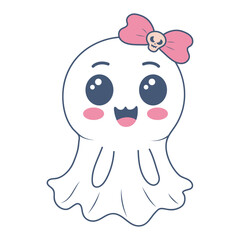 Halloween ghost in cute kawaii style. Funny spirit girl with bow isolated on white background.