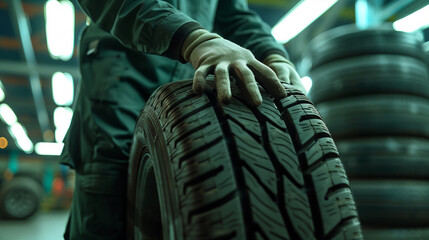 Mechanic's gloved hands handling a tire in an auto repair shop with stacks of tires in the background