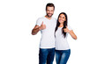 © deagreez - Photo of cute marriage pair raising thumbs up wear casual outfit isolated blue background