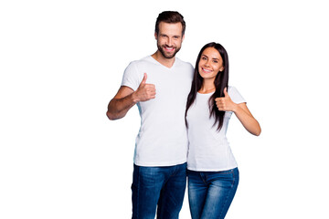 Aufkleber - Photo of cute marriage pair raising thumbs up wear casual outfit isolated blue background