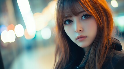 Sticker - A young woman with long brown hair looks at the camera with a serious expression