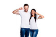 © deagreez - Photo of cute marriage pair showing v-sign symbols wear casual outfit isolated blue background