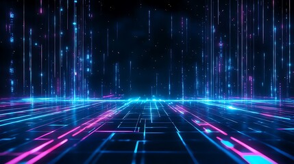 Poster - futuristic neon lights creating a digital landscape with vibrant colors and glowing patterns.