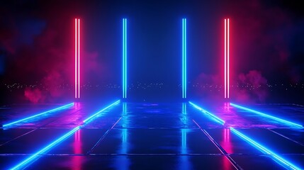 Poster - Futuristic neon lights creating a vibrant and dynamic atmosphere with reflections on a smooth surface.
