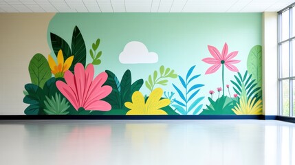 Wall Mural - A classroom with a large wall mural depicting a vibrant rainforest ecosystem, illustrating different animal and plant species.